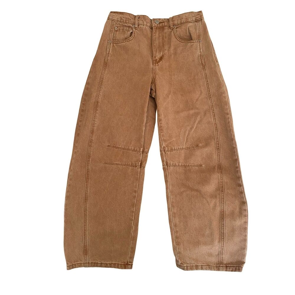 Aaron & Amber Denim Barrel Crop Pants Rust Brown S Line Detail High Rise Tapered